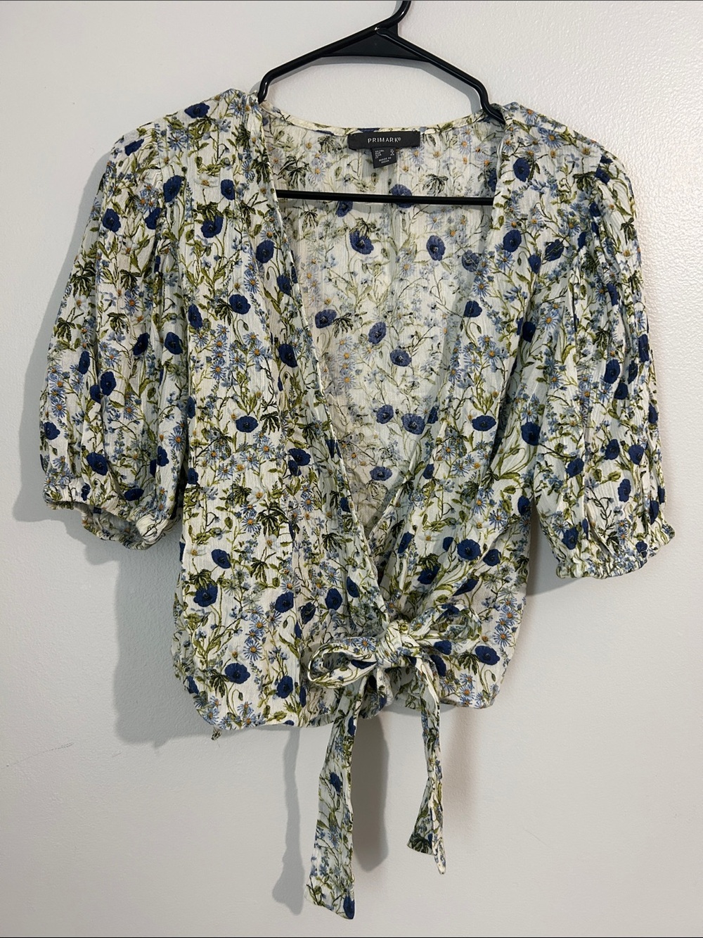Primark White Blue Green Floral Tie-Front Puff Sleeve Blouse
